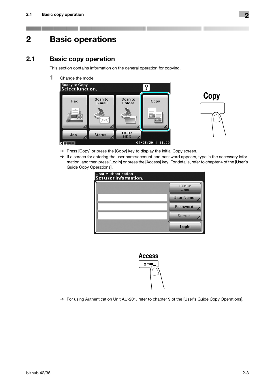 2 basic operations, 1 basic copy operation, Basic operations | Basic copy operation -3, 2basic operations | Konica Minolta bizhub 36 User Manual | Page 63 / 182