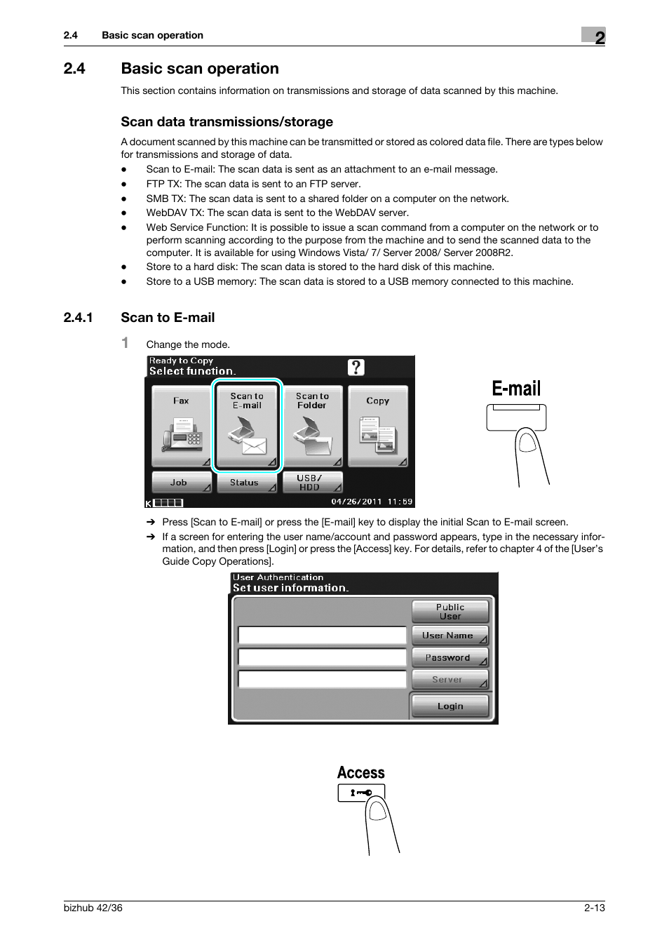 4 basic scan operation, Scan data transmissions/storage, 1 scan to e-mail | Scan to e-mail -13 | Konica Minolta bizhub 36 User Manual | Page 73 / 182