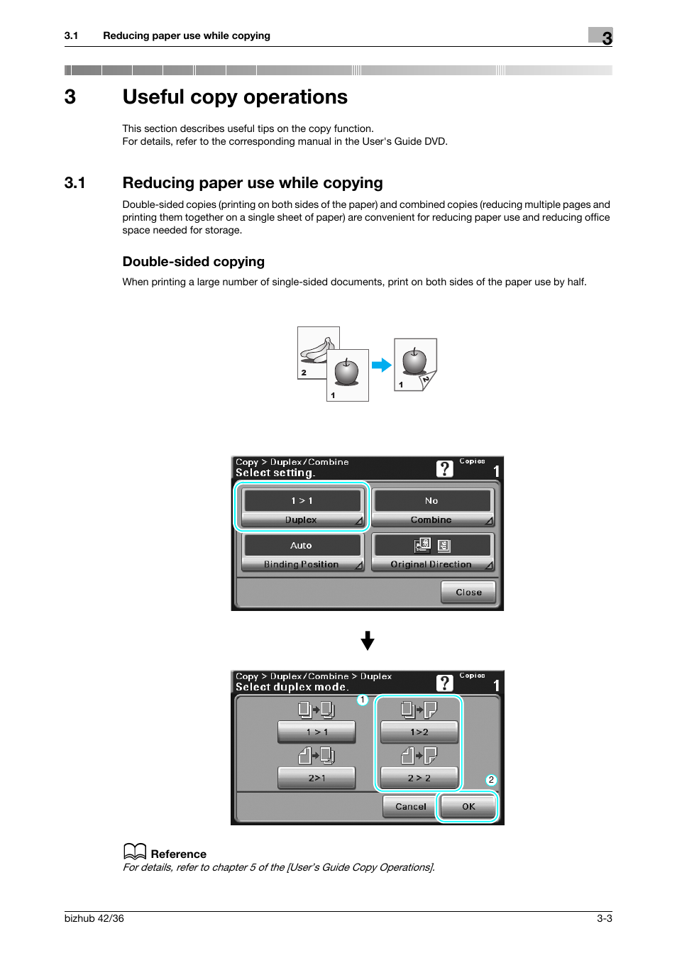 3 useful copy operations, 1 reducing paper use while copying, Double-sided copying | Useful copy operations, 3useful copy operations | Konica Minolta bizhub 36 User Manual | Page 83 / 182
