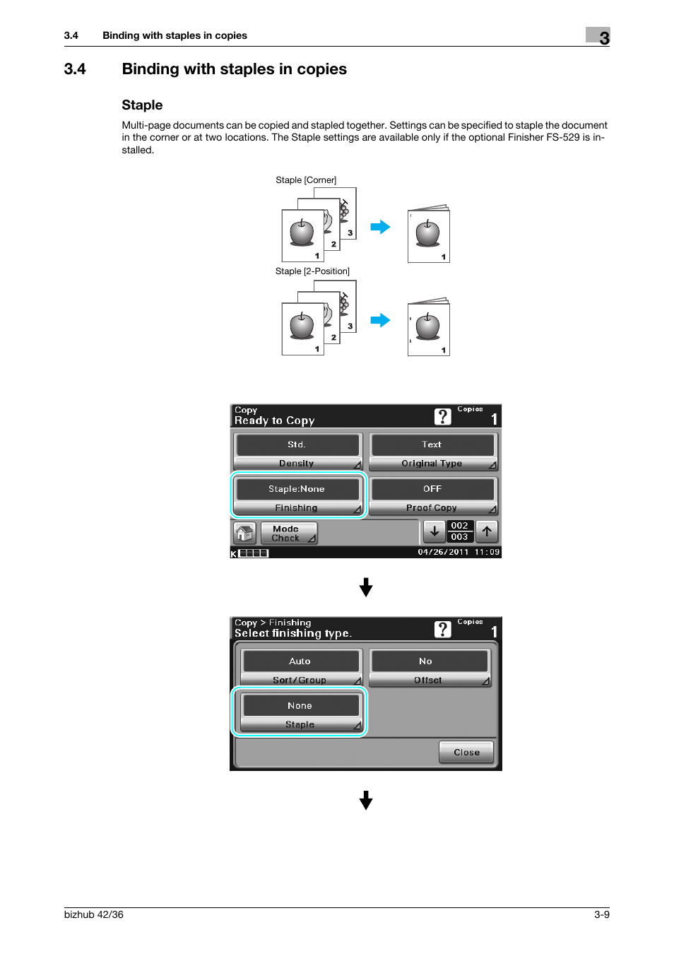 4 binding with staples in copies, Staple, Binding with staples in copies -9 staple -9 | Konica Minolta bizhub 36 User Manual | Page 89 / 182