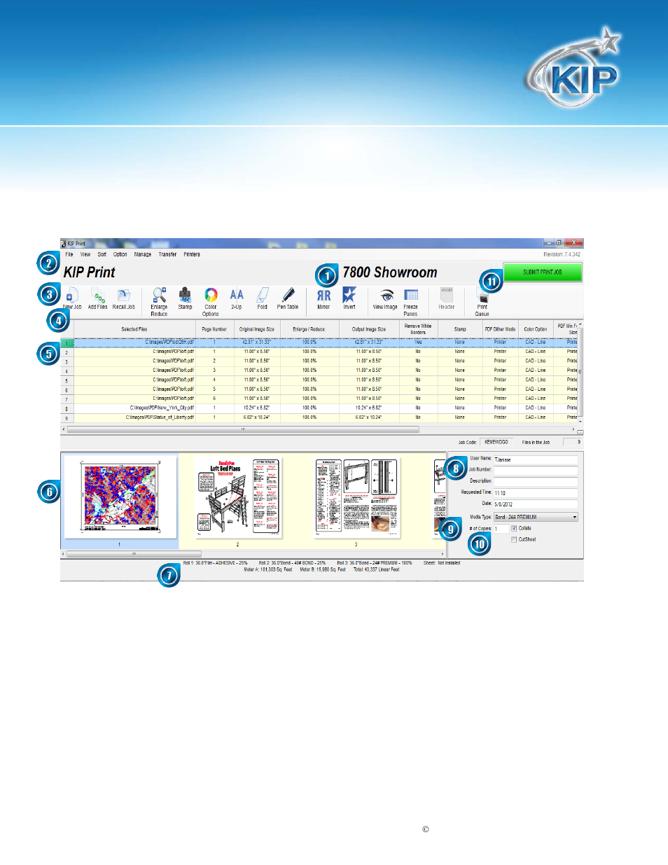 Features, Main menu, Kip print | Konica Minolta KIP Color 80 User Manual | Page 11 / 59