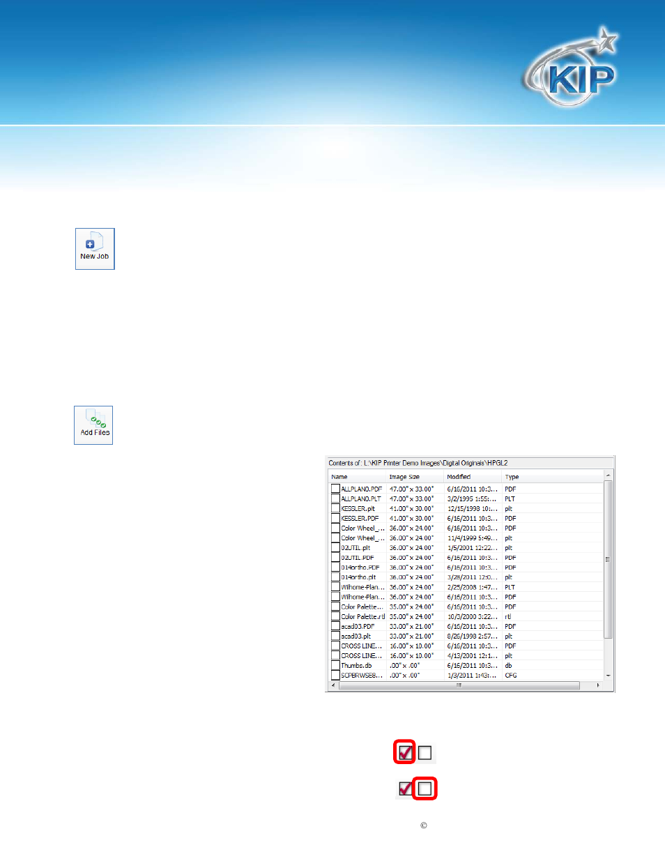 Graphic toolbar - new job, Graphic toolbar - add files, Kip print | Konica Minolta KIP Color 80 User Manual | Page 13 / 59