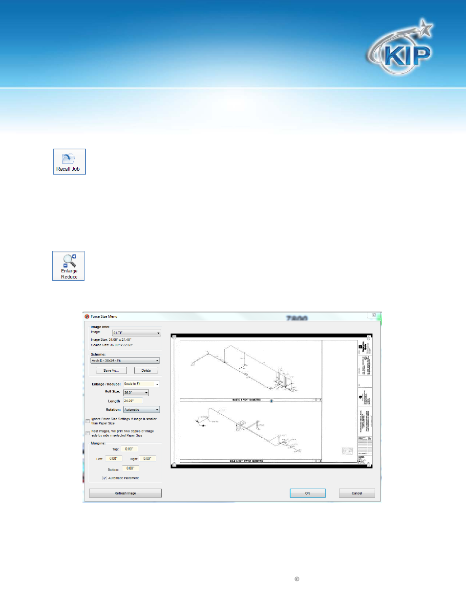 Graphic toolbar - recall job, Graphic toolbar - enlarge/reduce, Kip print | Konica Minolta KIP Color 80 User Manual | Page 14 / 59