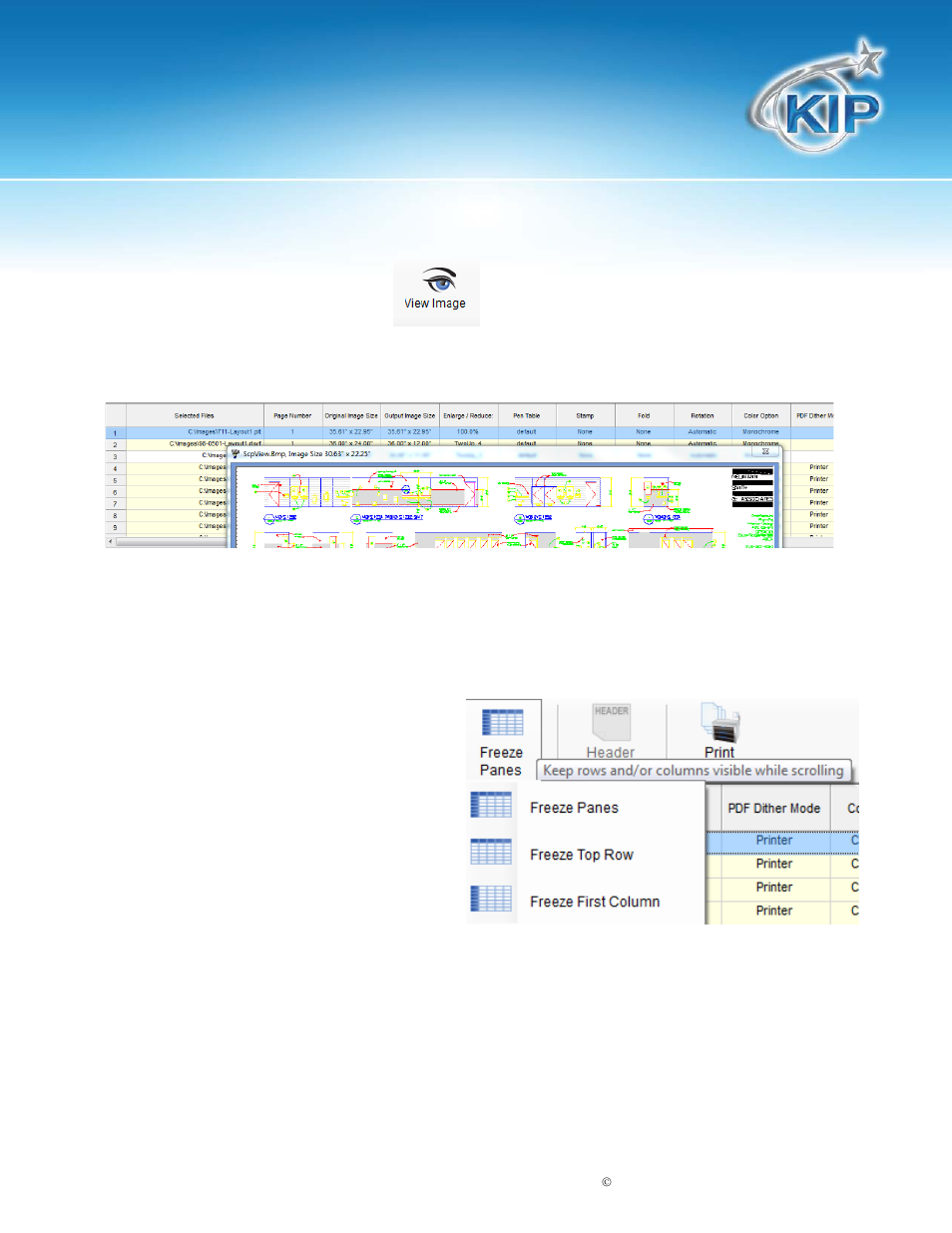 Graphic toolbar - view image, Graphic toolbar – freeze panes, Kip print | Konica Minolta KIP Color 80 User Manual | Page 28 / 59