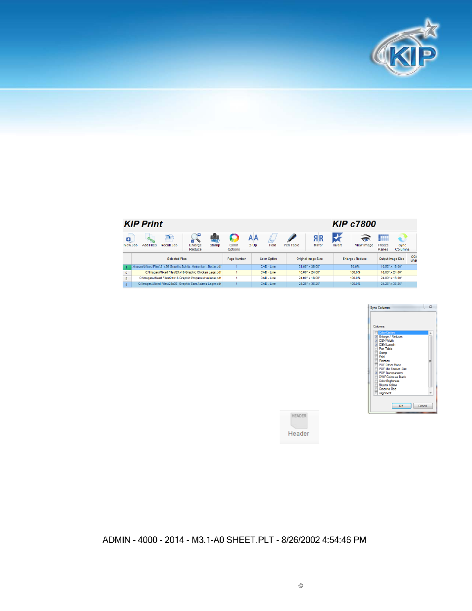 Graphics toolbar - sync, Graphic toolbar - header label, Kip print | Konica Minolta KIP Color 80 User Manual | Page 29 / 59