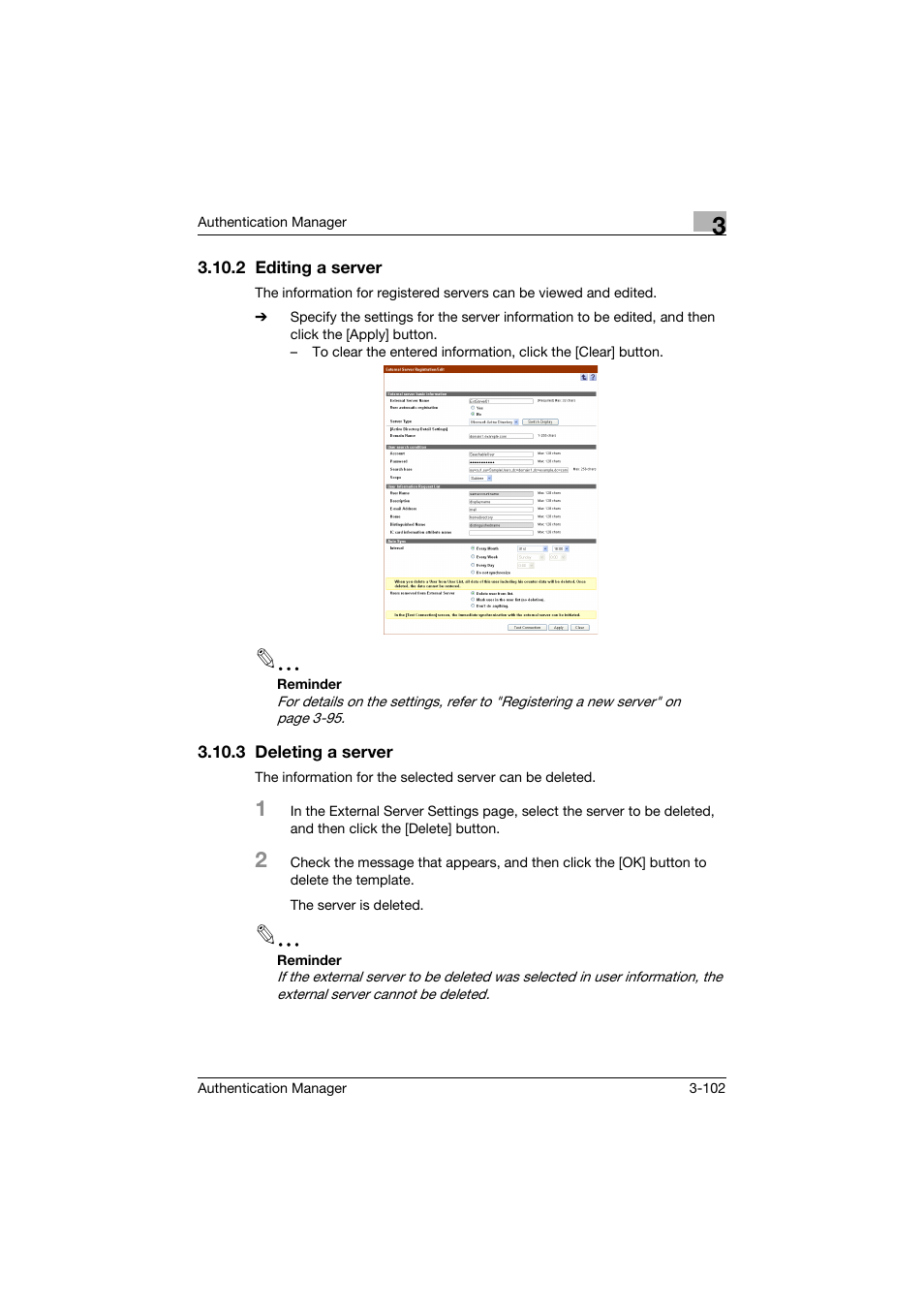 2 editing a server, 3 deleting a server, Editing a server -102 | Deleting a server -102 | Konica Minolta bizhub C284e User Manual | Page 119 / 189