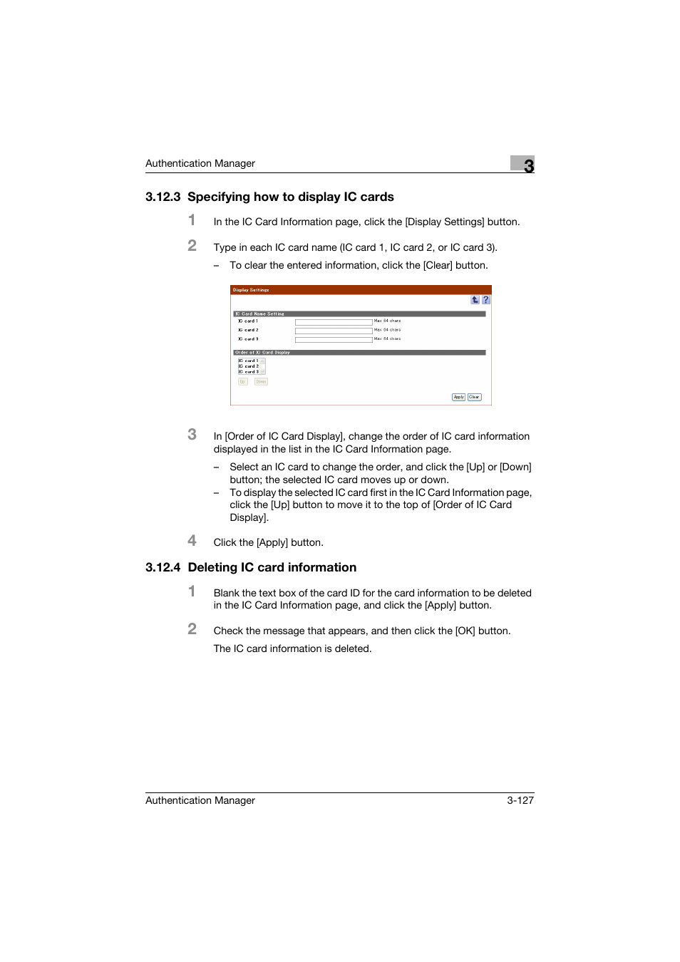 3 specifying how to display ic cards, 4 deleting ic card information, Specifying how to display ic cards -127 | Deleting ic card information -127 | Konica Minolta bizhub C284e User Manual | Page 144 / 189