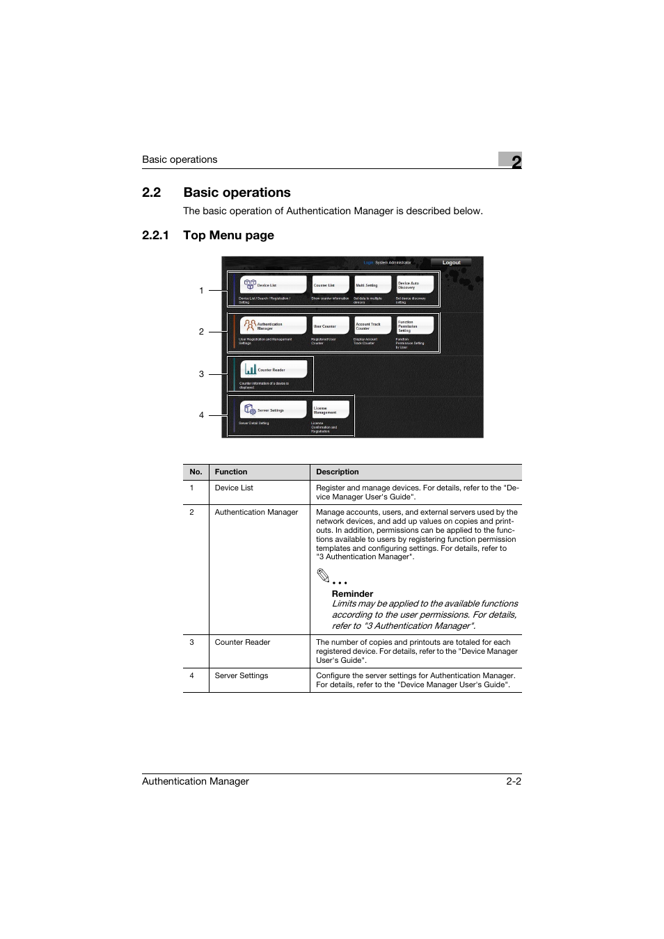 2 basic operations, Basic operations -2, 1 top menu page | Konica Minolta bizhub C284e User Manual | Page 15 / 189