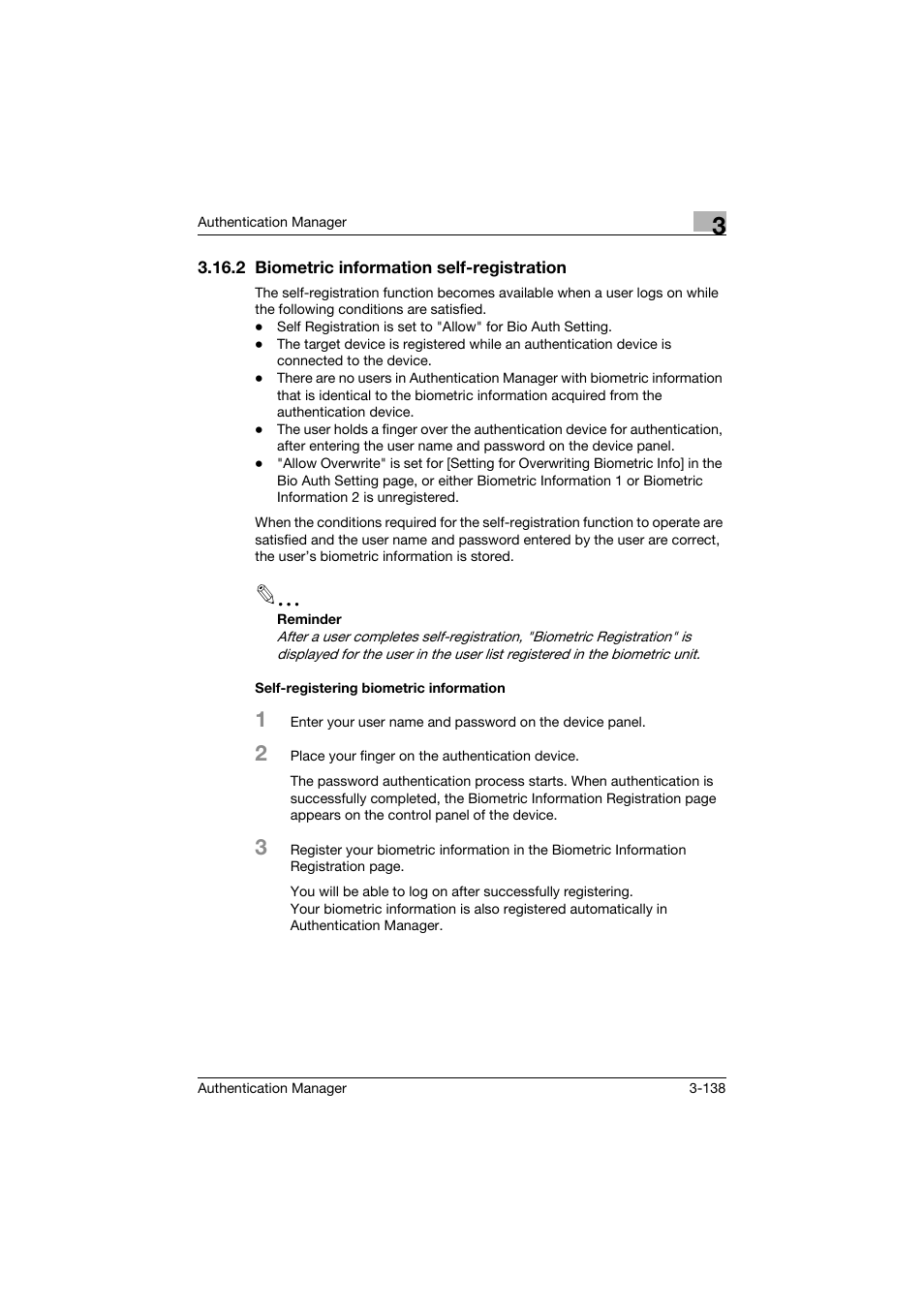 2 biometric information self-registration, Self-registering biometric information | Konica Minolta bizhub C284e User Manual | Page 155 / 189