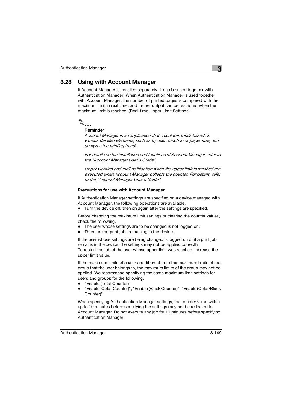 23 using with account manager, Precautions for use with account manager, Using with account manager -149 | Precautions for use with account manager -149 | Konica Minolta bizhub C284e User Manual | Page 166 / 189