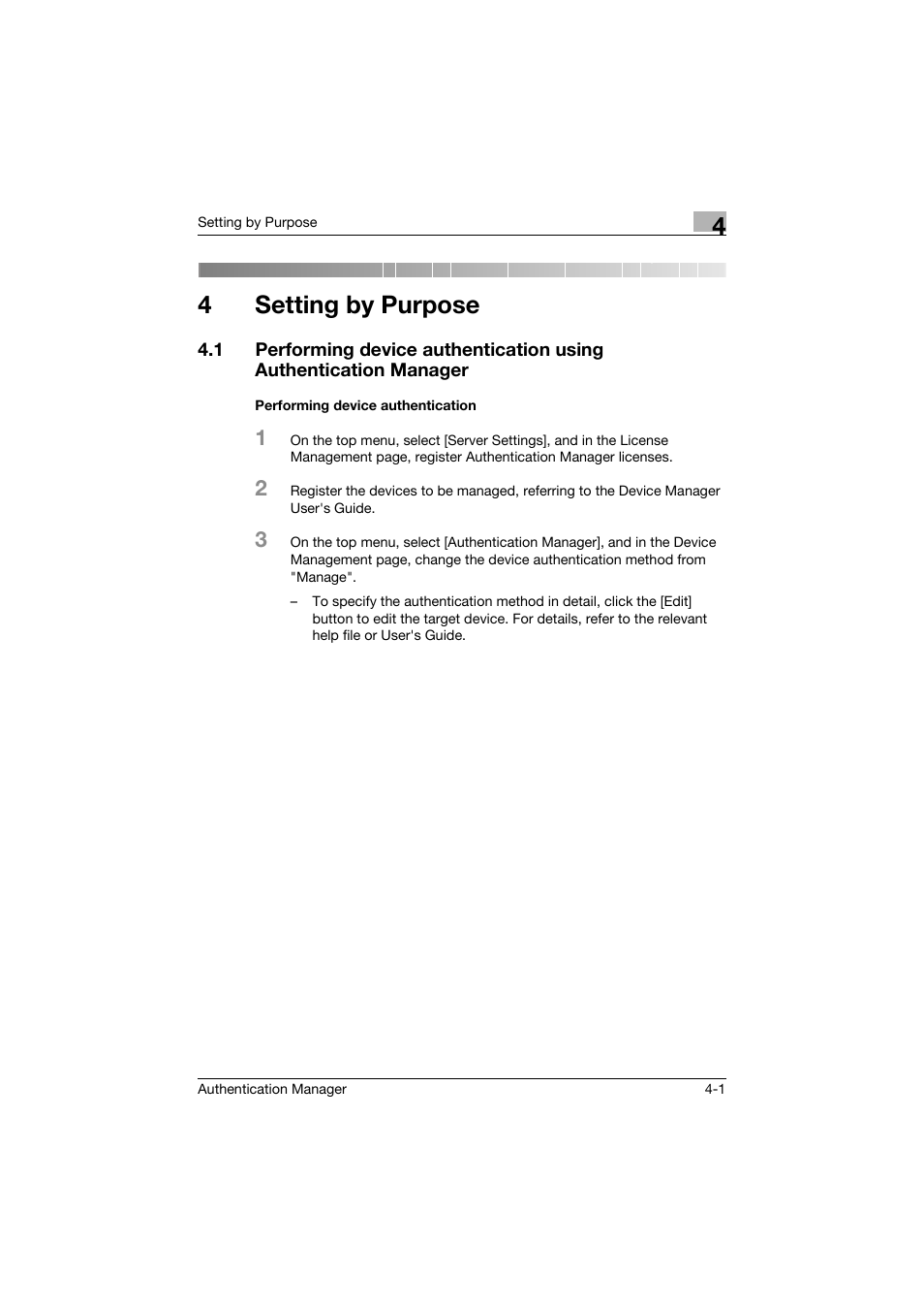 4 setting by purpose, Performing device authentication, Setting by purpose | Performing device authentication -1, 4setting by purpose | Konica Minolta bizhub C284e User Manual | Page 175 / 189