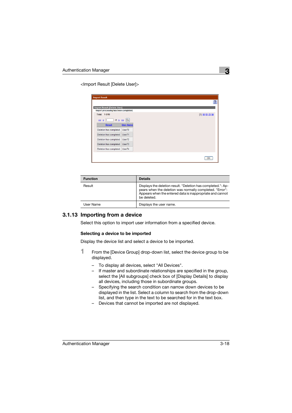 13 importing from a device, Selecting a device to be imported | Konica Minolta bizhub C284e User Manual | Page 35 / 189