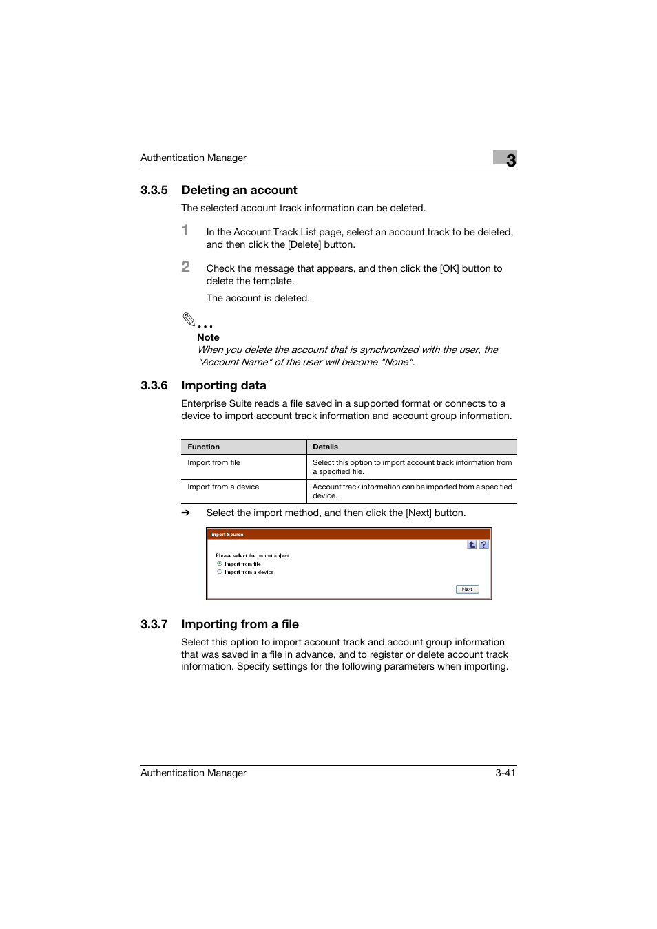 5 deleting an account, 6 importing data, 7 importing from a file | Deleting an account -41, Importing data -41, Importing from a file -41 | Konica Minolta bizhub C284e User Manual | Page 58 / 189