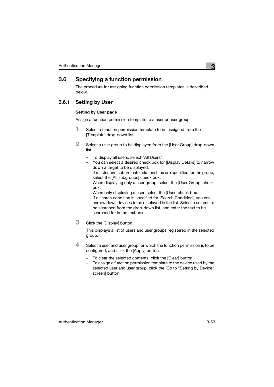 6 specifying a function permission, 1 setting by user, Specifying a function permission -63 | Konica Minolta bizhub C284e User Manual | Page 80 / 189