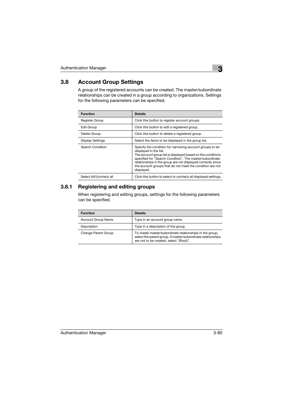 8 account group settings, 1 registering and editing groups, Account group settings -80 | Registering and editing groups -80 | Konica Minolta bizhub C284e User Manual | Page 97 / 189