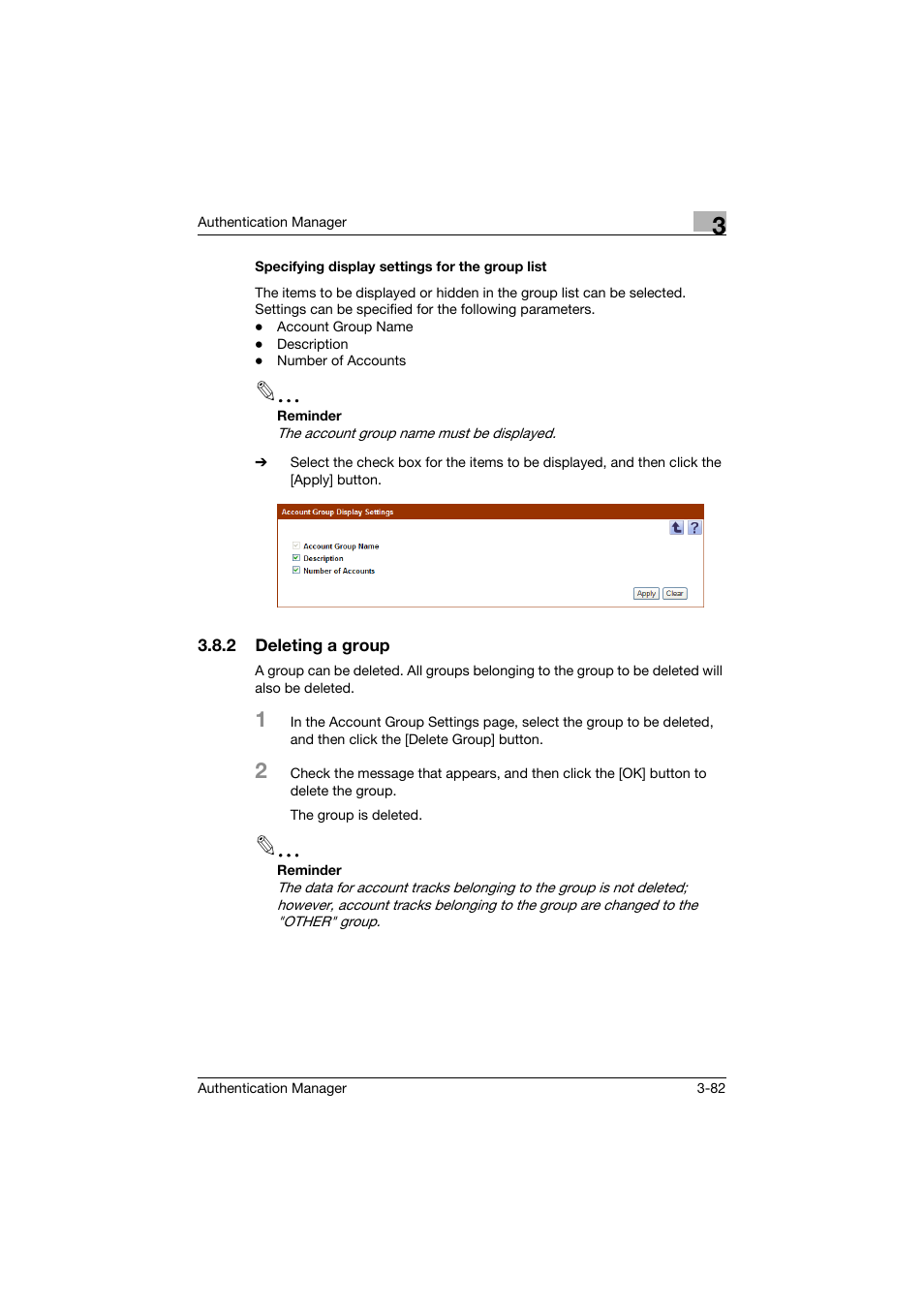 Specifying display settings for the group list, 2 deleting a group, Specifying display settings for the group list -82 | Deleting a group -82 | Konica Minolta bizhub C284e User Manual | Page 99 / 189