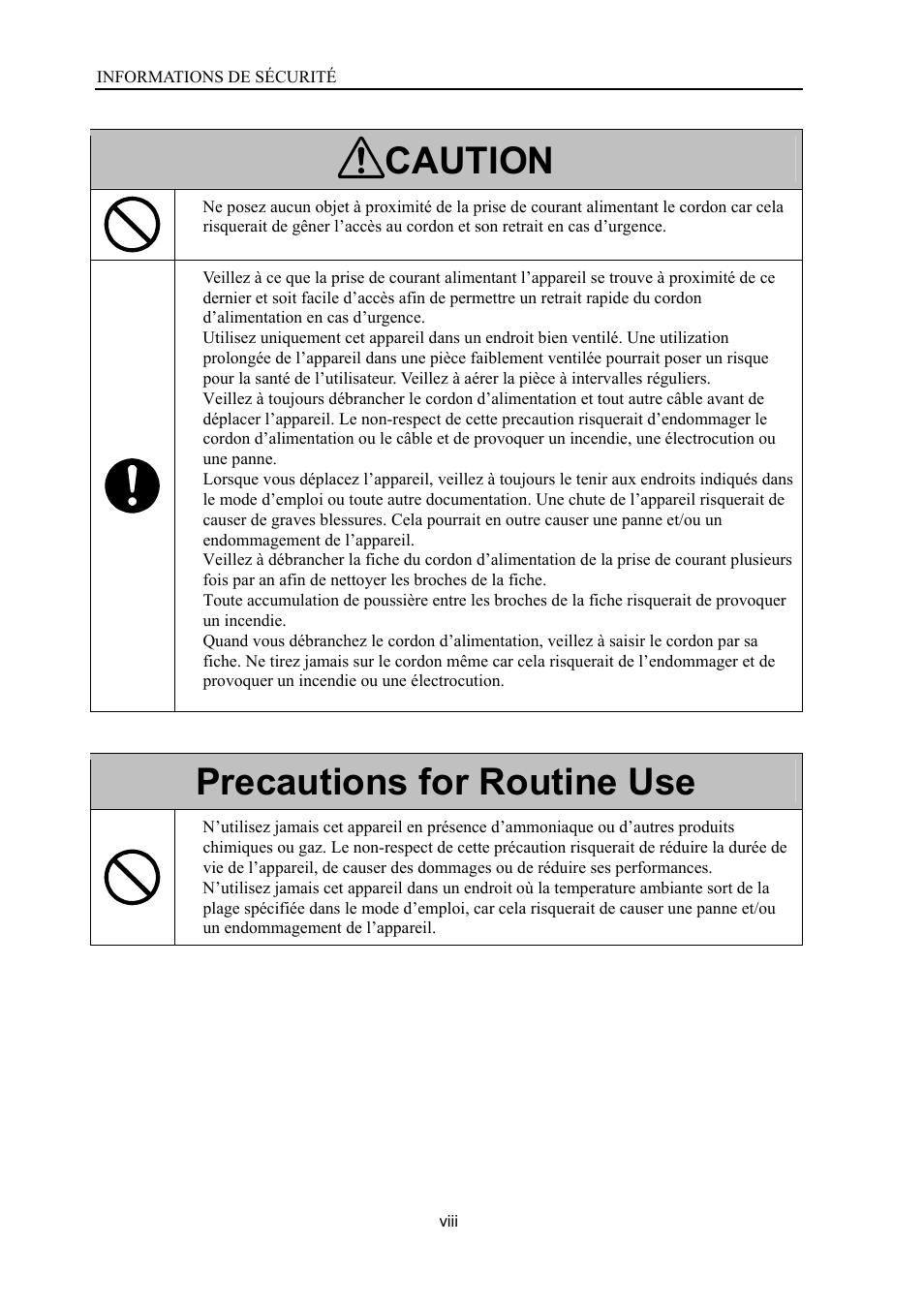 Caution, Precautions for routine use | Konica Minolta SL1000 User Manual | Page 10 / 130