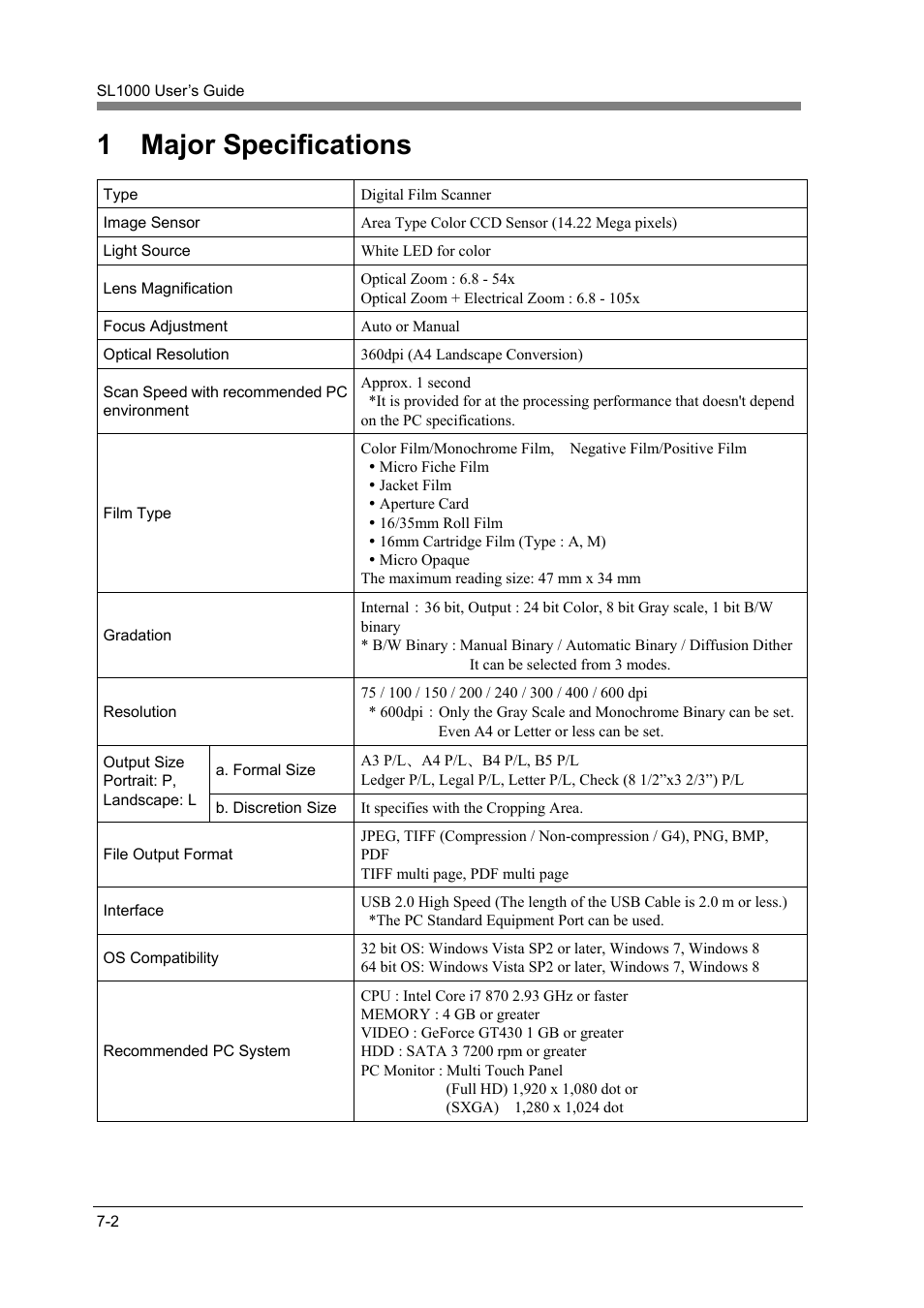 1 major specifications, Major specifications -2 | Konica Minolta SL1000 User Manual | Page 126 / 130