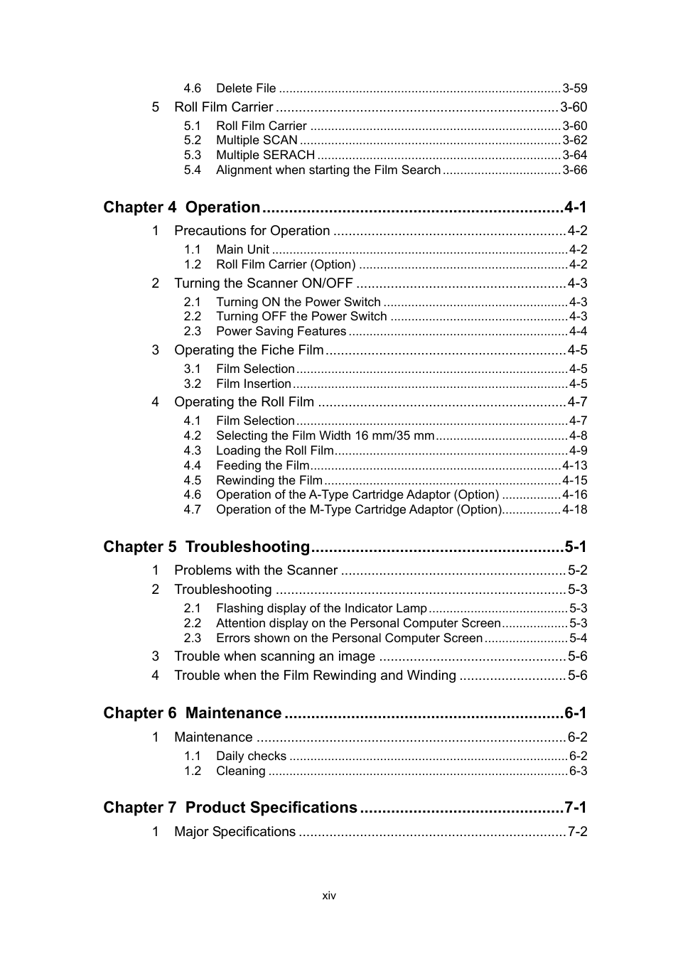 Chapter 4 operation -1, Chapter 5 troubleshooting -1, Chapter 6 maintenance -1 | Chapter 7 product specifications -1 | Konica Minolta SL1000 User Manual | Page 16 / 130