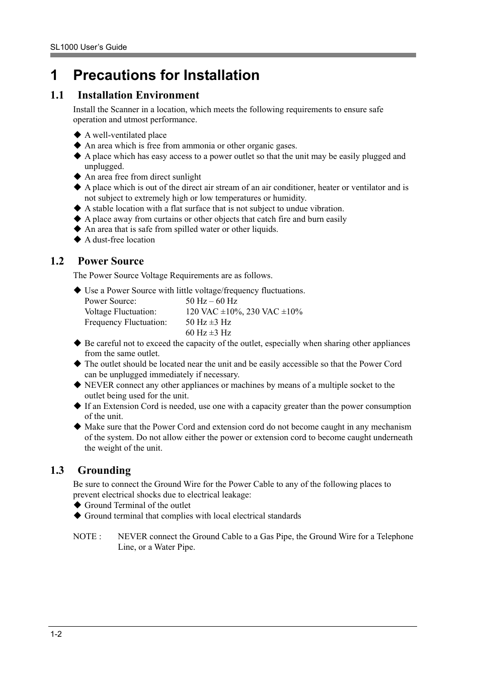 1 precautions for installation, 1 installation environment, 2 power source | 3 grounding, Precautions for installation -2, Installation environment -2, Power source -2, Grounding -2 | Konica Minolta SL1000 User Manual | Page 18 / 130