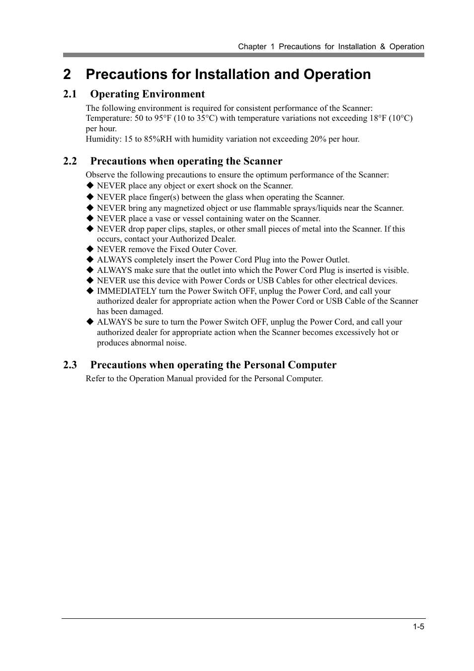 2 precautions for installation and operation, 1 operating environment, 2 precautions when operating the scanner | 3 precautions when operating the personal computer, Precautions for installation and operation -5, Operating environment -5, Precautions when operating the scanner -5 | Konica Minolta SL1000 User Manual | Page 21 / 130