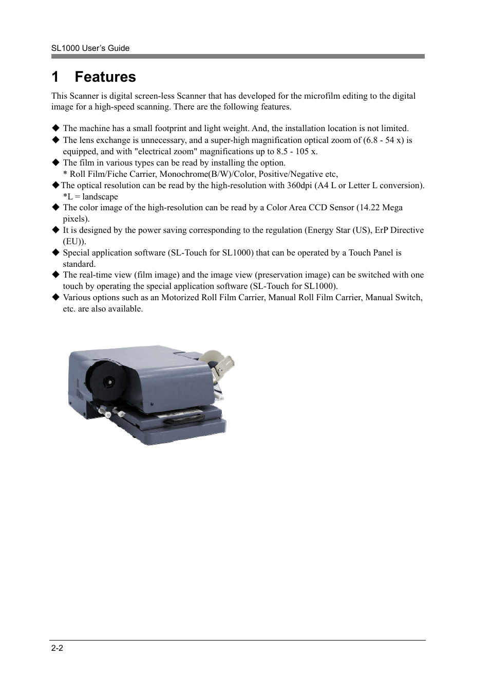 1 features, Features -2 | Konica Minolta SL1000 User Manual | Page 24 / 130