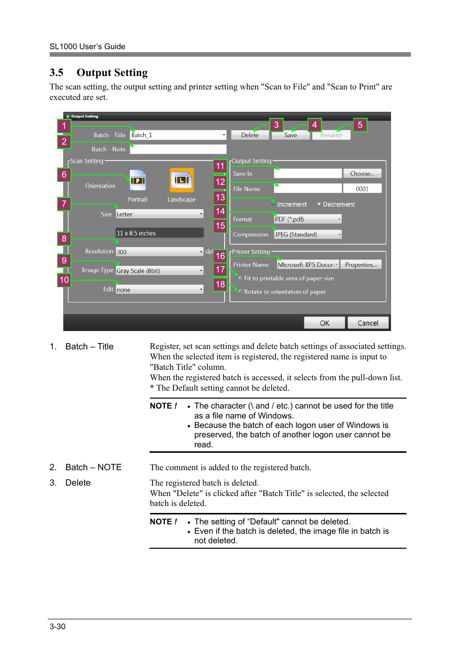 5 output setting, Output setting -30, Output setting | Konica Minolta SL1000 User Manual | Page 56 / 130