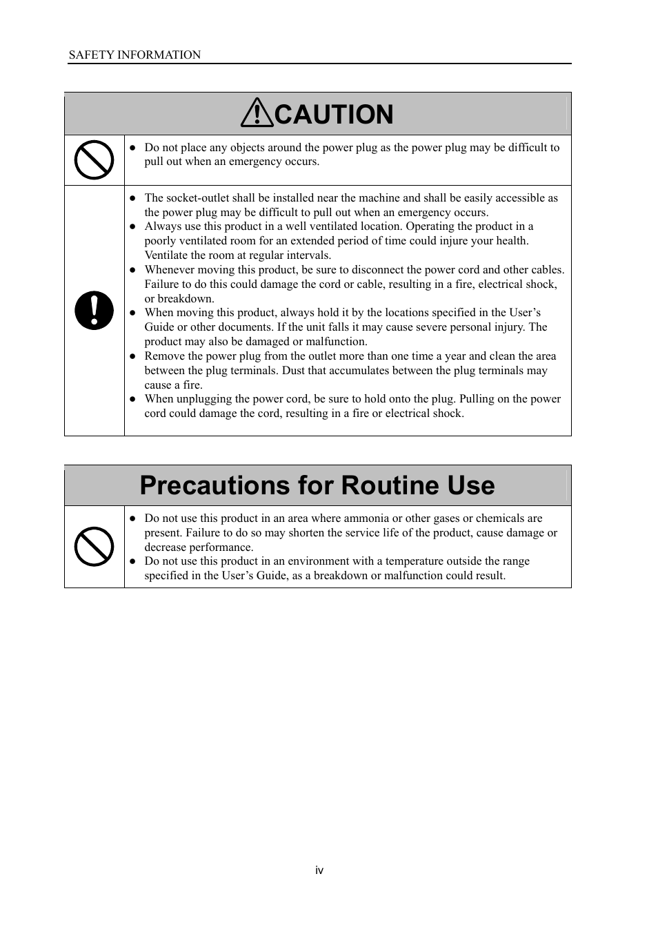 Caution, Precautions for routine use | Konica Minolta SL1000 User Manual | Page 6 / 130