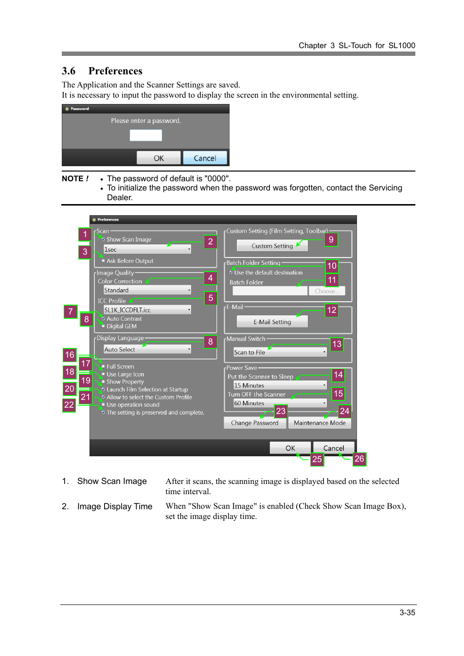 6 preferences, Preferences -35, Preferences | Konica Minolta SL1000 User Manual | Page 61 / 130