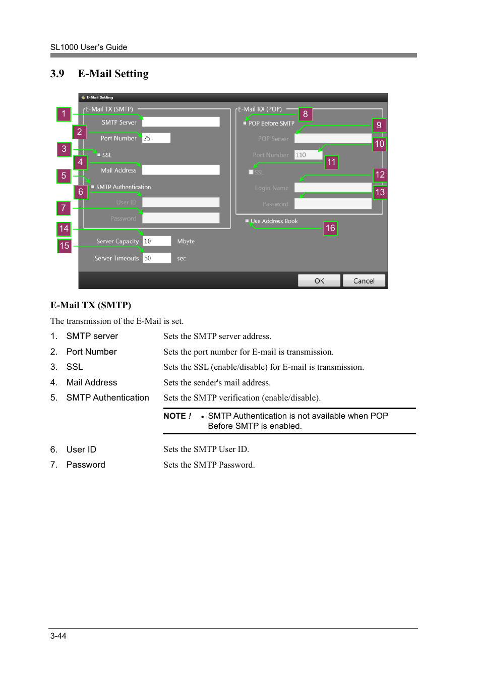 9 e-mail setting, E-mail setting -44 | Konica Minolta SL1000 User Manual | Page 70 / 130