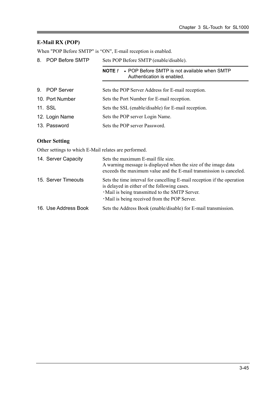 E-mail rx (pop), Other setting | Konica Minolta SL1000 User Manual | Page 71 / 130