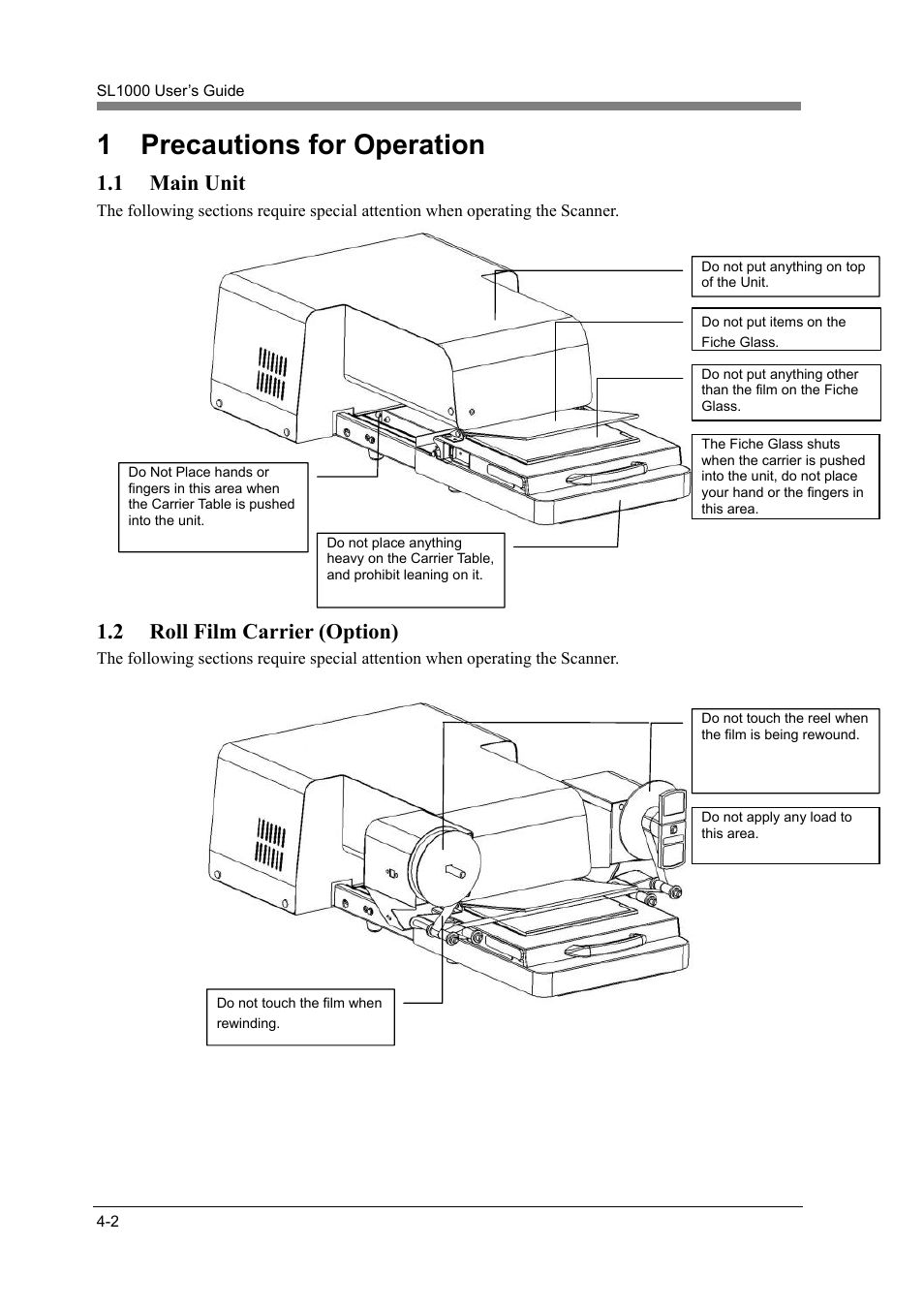 1 precautions for operation, 1 main unit, 2 roll film carrier (option) | Precautions for operation -2, Main unit -2, Roll film carrier (option) -2 | Konica Minolta SL1000 User Manual | Page 94 / 130