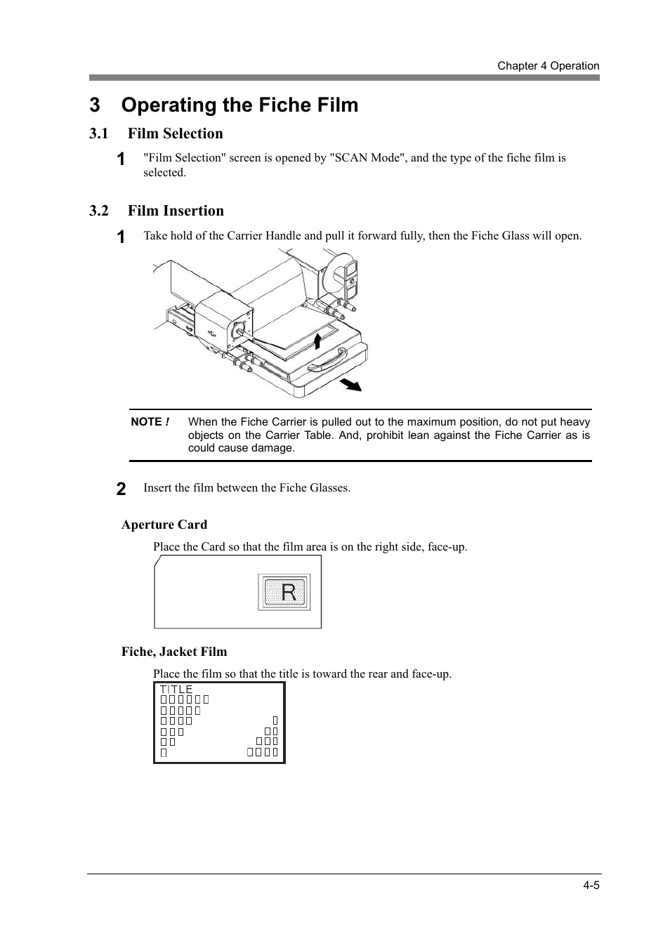 3 operating the fiche film, 1 film selection, 2 film insertion | Operating the fiche film -5, Film selection -5, Film insertion -5 | Konica Minolta SL1000 User Manual | Page 97 / 130