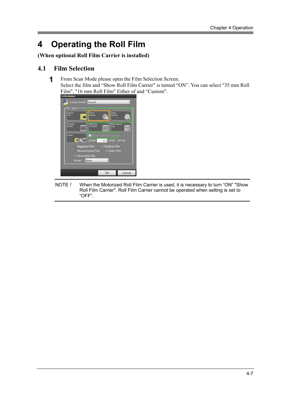 4 operating the roll film, 1 film selection, Operating the roll film -7 | Film selection -7 | Konica Minolta SL1000 User Manual | Page 99 / 130