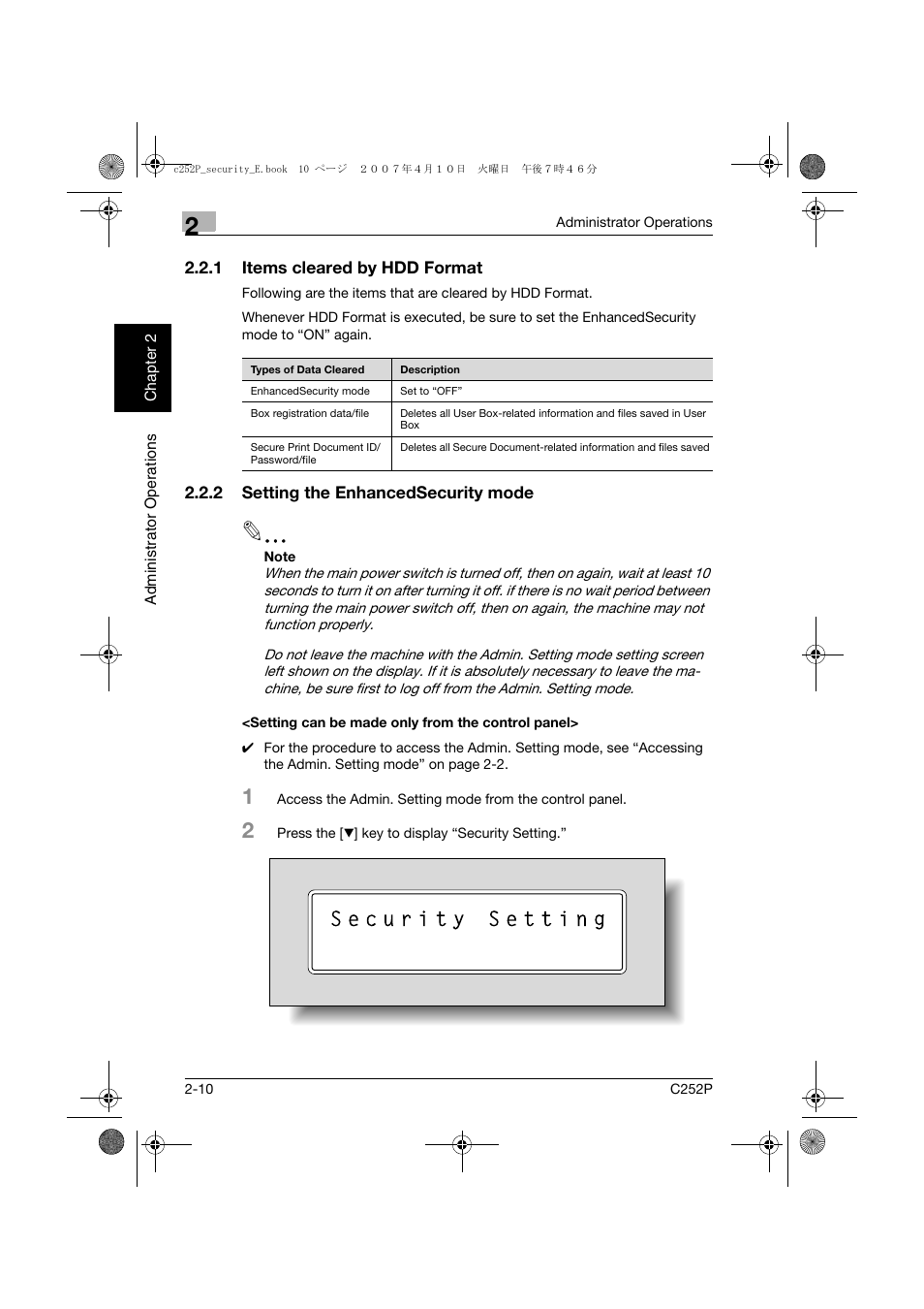 1 items cleared by hdd format, 2 setting the enhancedsecurity mode, Setting can be made only from the control panel | Items cleared by hdd format -10 | Konica Minolta bizhub C252P User Manual | Page 27 / 108