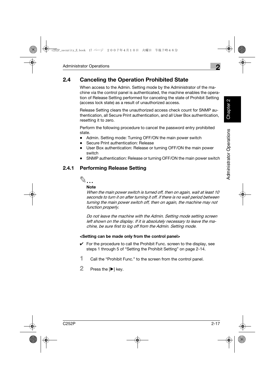 4 canceling the operation prohibited state, 1 performing release setting, Setting can be made only from the control panel | Canceling the operation prohibited state -17, Performing release setting -17 | Konica Minolta bizhub C252P User Manual | Page 34 / 108