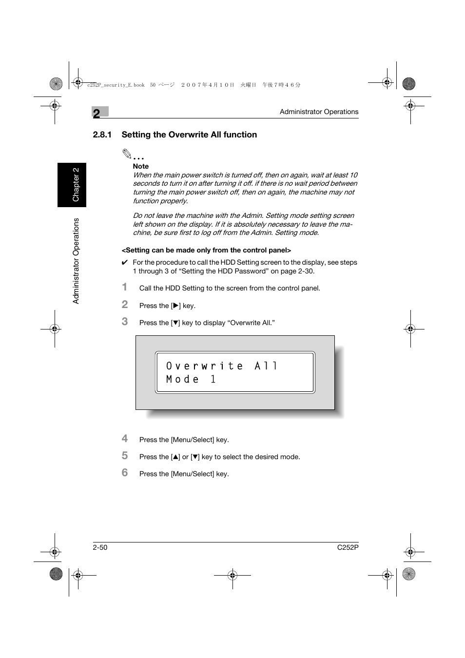 1 setting the overwrite all function, Setting can be made only from the control panel | Konica Minolta bizhub C252P User Manual | Page 67 / 108