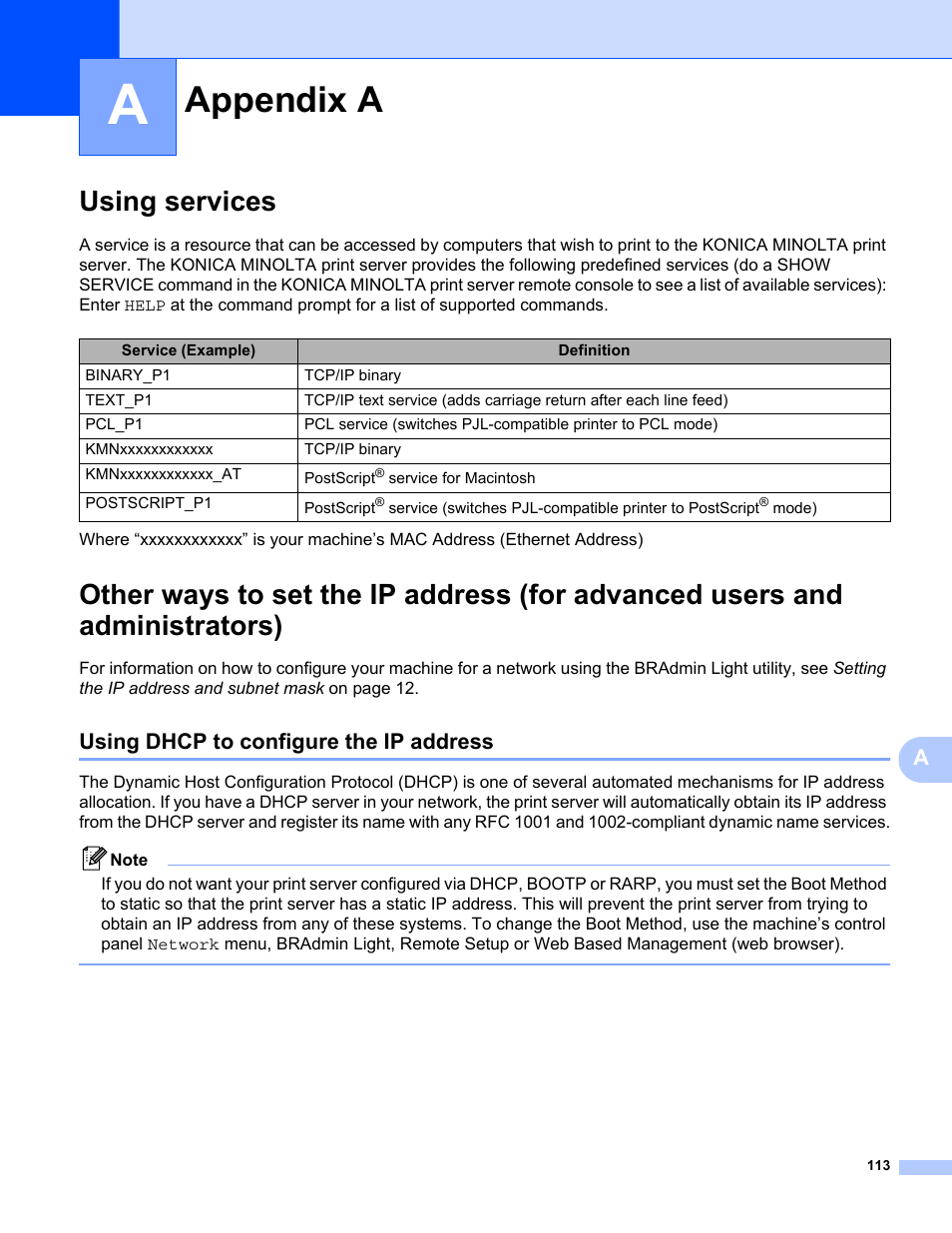 A appendix a, Using services, Using dhcp to configure the ip address | Appendix a | Konica Minolta bizhub 20 User Manual | Page 120 / 145