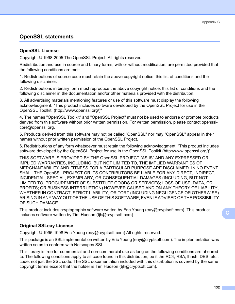 Openssl statements, Copenssl statements, Openssl license | Original ssleay license | Konica Minolta bizhub 20 User Manual | Page 139 / 145
