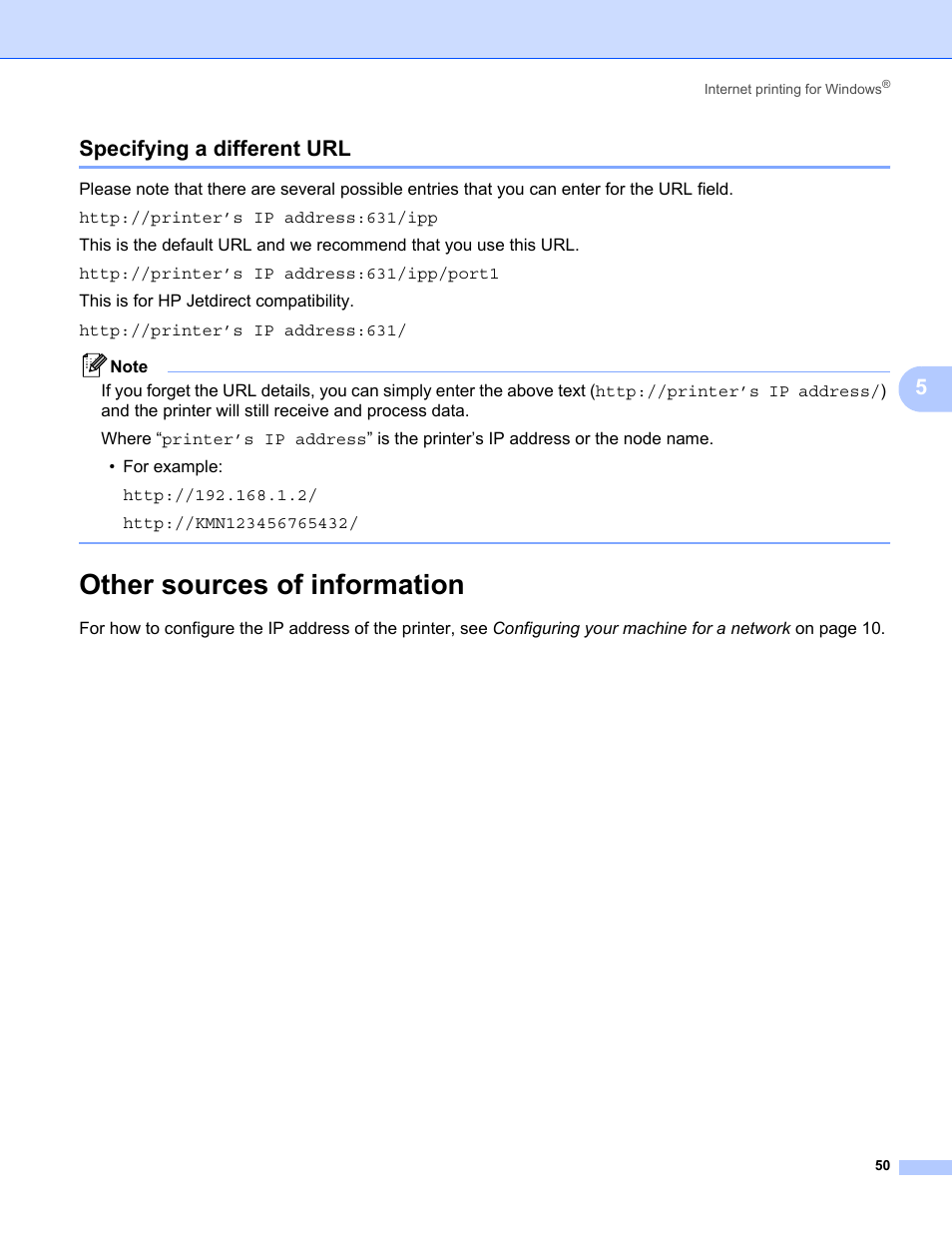 Specifying a different url, Other sources of information, 5specifying a different url | Konica Minolta bizhub 20 User Manual | Page 57 / 145