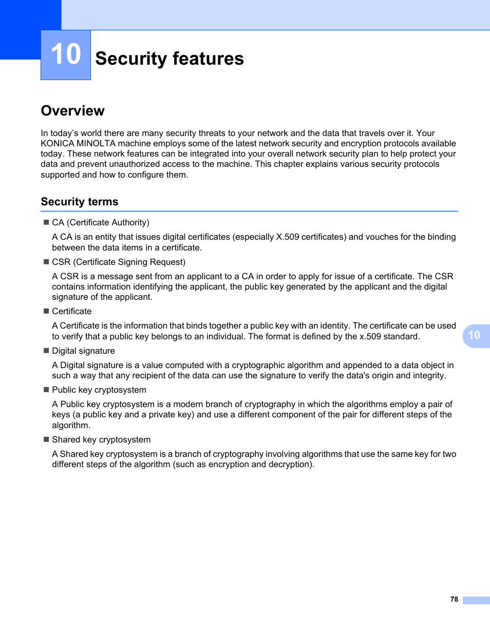 10 security features, Overview, Security terms | Security features | Konica Minolta bizhub 20 User Manual | Page 85 / 145