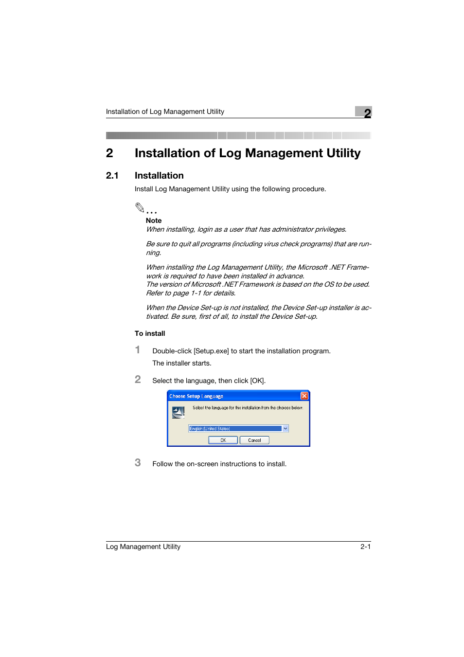 2 installation of log management utility, 1 installation, To install | Installation of log management utility, Installation -1, To install -1, 2installation of log management utility | Konica Minolta magicolor 8650 User Manual | Page 11 / 56