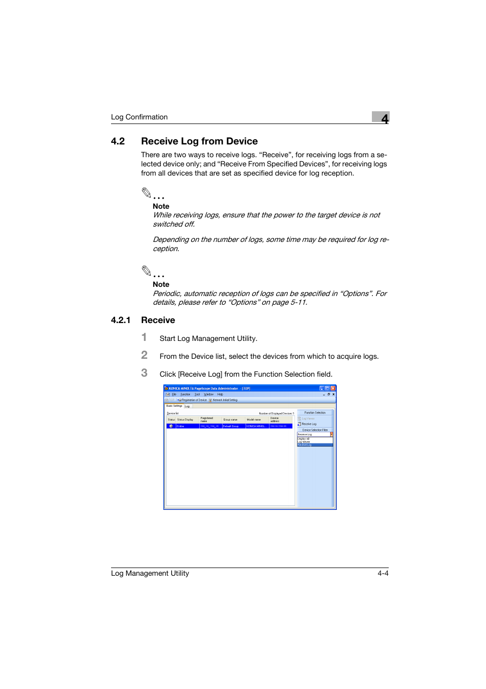 2 receive log from device, 1 receive, Receive log from device -4 | Receive -4 | Konica Minolta magicolor 8650 User Manual | Page 20 / 56