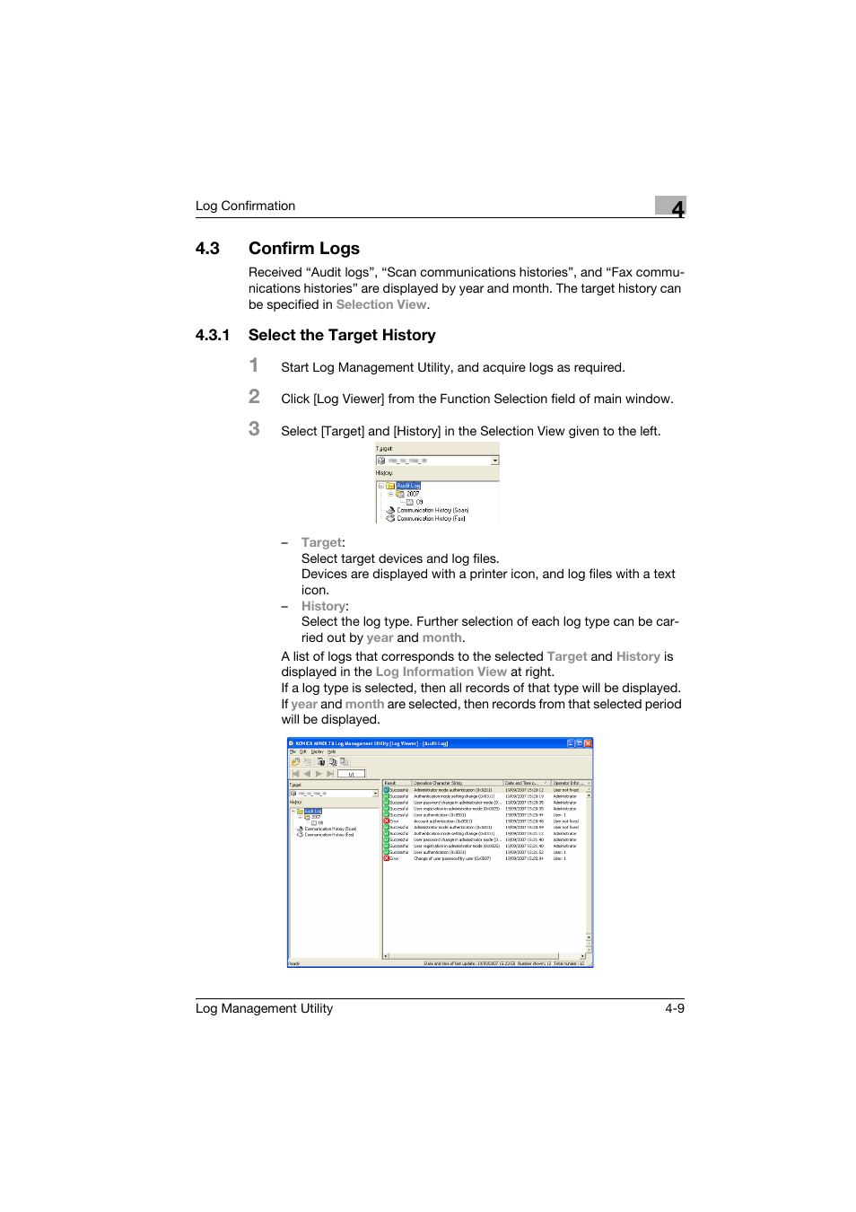 3 confirm logs, 1 select the target history, Confirm logs -9 | Select the target history -9 | Konica Minolta magicolor 8650 User Manual | Page 25 / 56