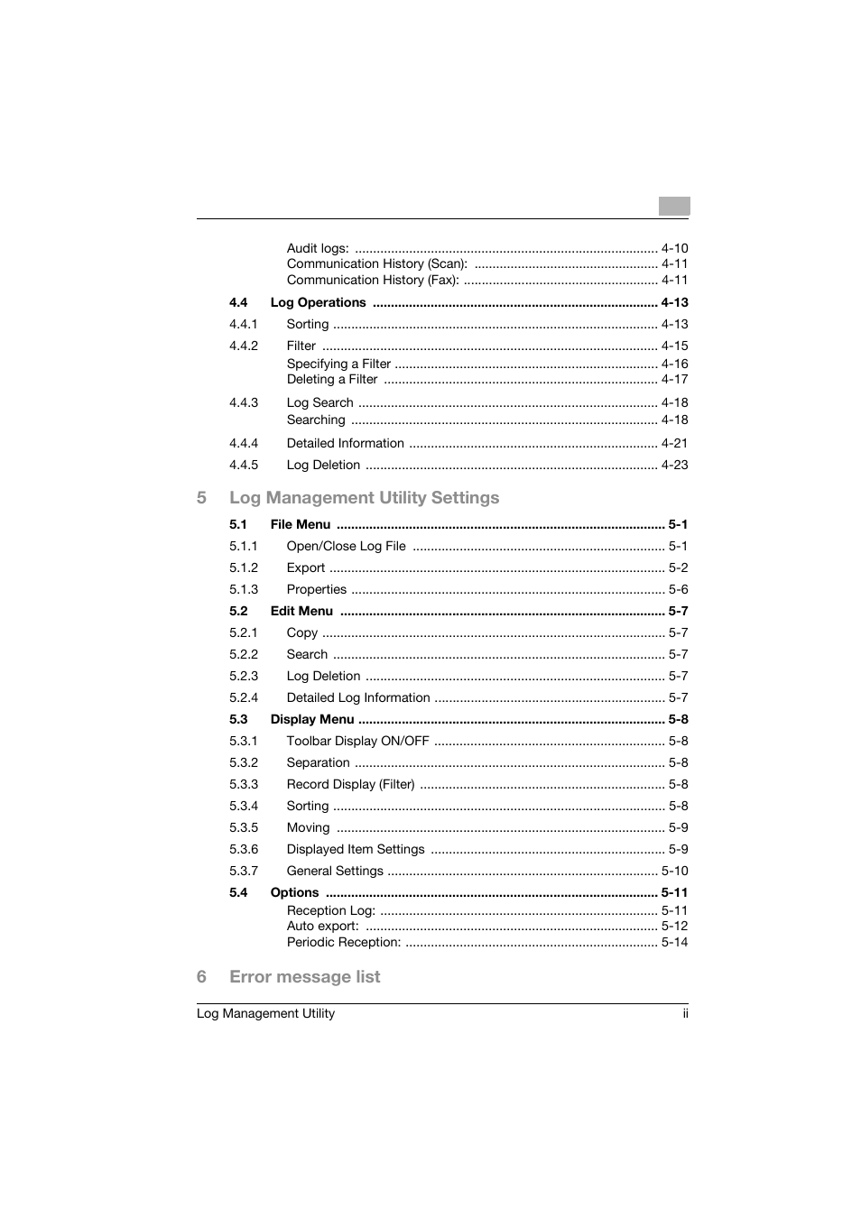 5log management utility settings, 6error message list | Konica Minolta magicolor 8650 User Manual | Page 3 / 56