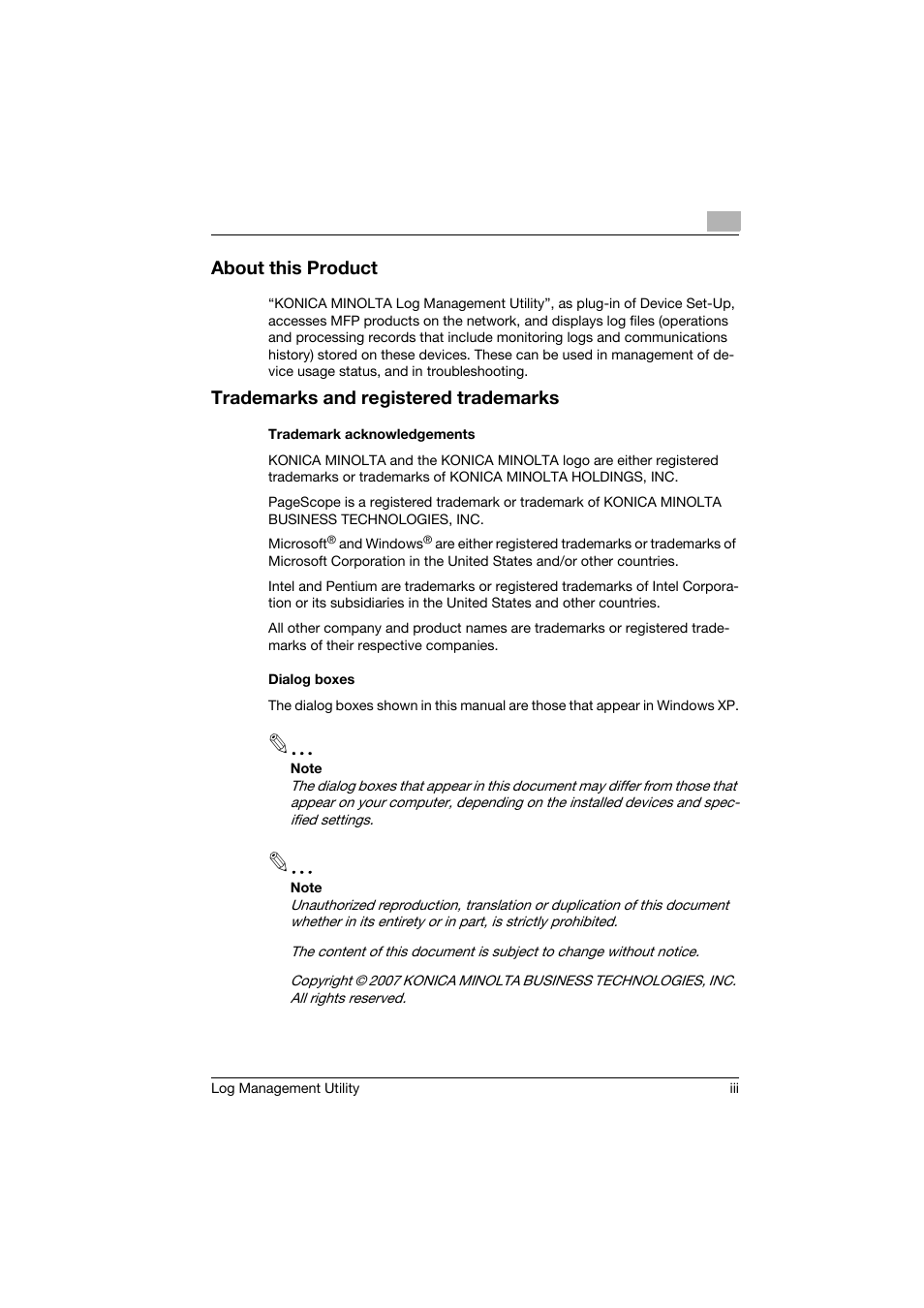 About this product, Trademarks and registered trademarks, Trademark acknowledgements | Dialog boxes | Konica Minolta magicolor 8650 User Manual | Page 4 / 56