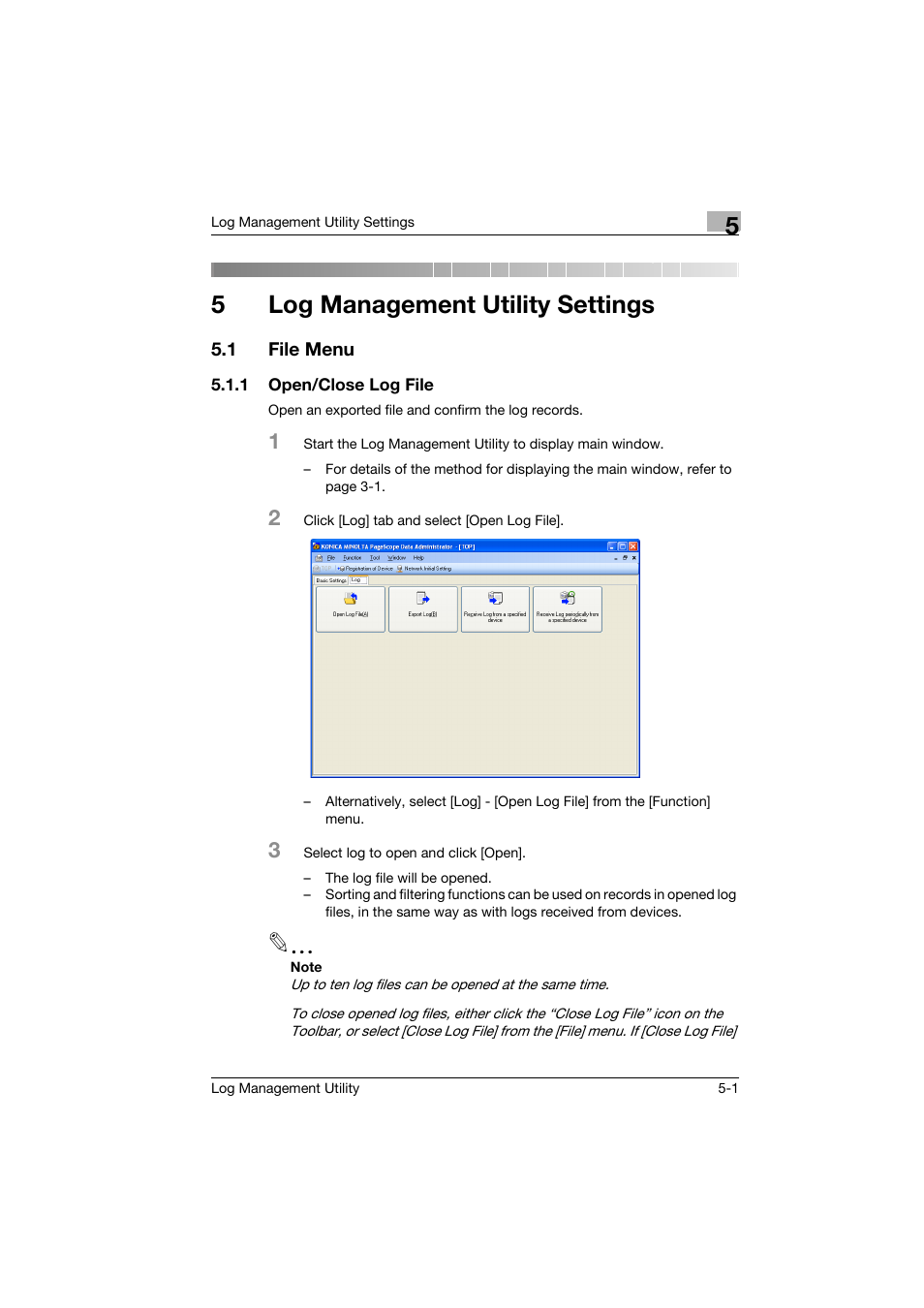 5 log management utility settings, 1 file menu, 1 open/close log file | Log management utility settings, File menu -1, Open/close log file -1, 5log management utility settings | Konica Minolta magicolor 8650 User Manual | Page 40 / 56