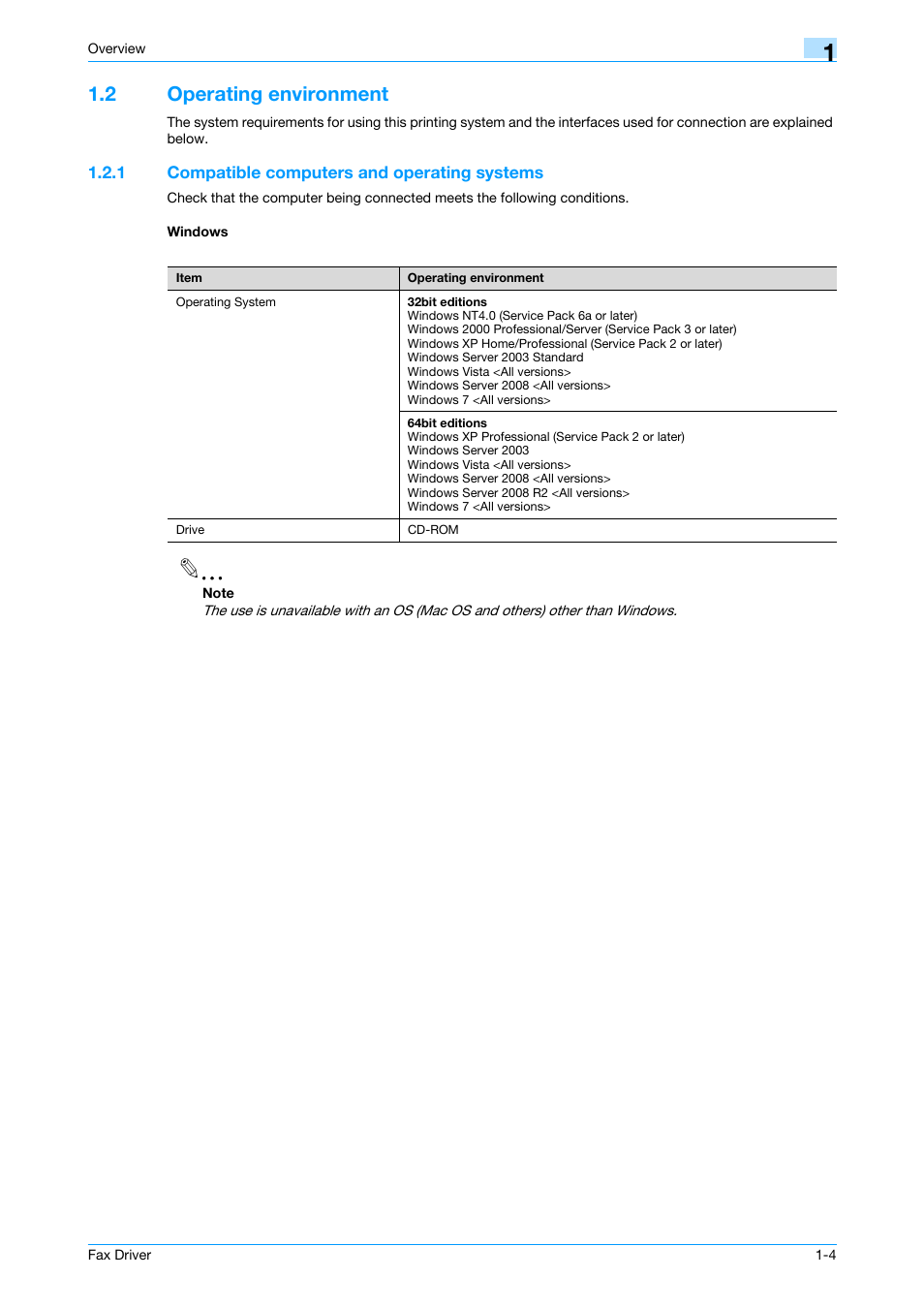 2 operating environment, 1 compatible computers and operating systems, Windows | Operating environment -4 | Konica Minolta bizhub 421 User Manual | Page 10 / 67