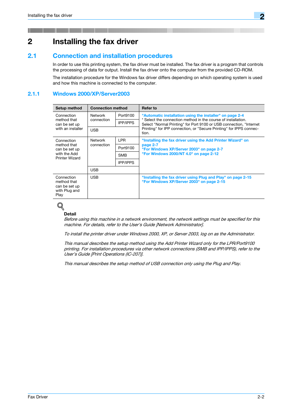 2 installing the fax driver, 1 connection and installation procedures, 1 windows 2000/xp/server2003 | Installing the fax driver, Connection and installation procedures -2, Windows 2000/xp/server2003 -2, 2installing the fax driver | Konica Minolta bizhub 421 User Manual | Page 13 / 67