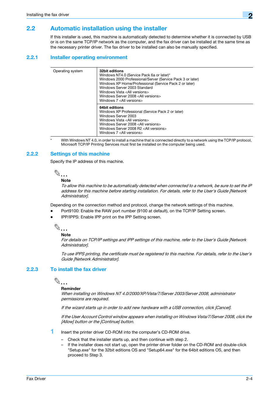 2 automatic installation using the installer, 1 installer operating environment, 2 settings of this machine | 3 to install the fax driver, Automatic installation using the installer -4, Installer operating environment -4, Settings of this machine -4, To install the fax driver -4 | Konica Minolta bizhub 421 User Manual | Page 15 / 67